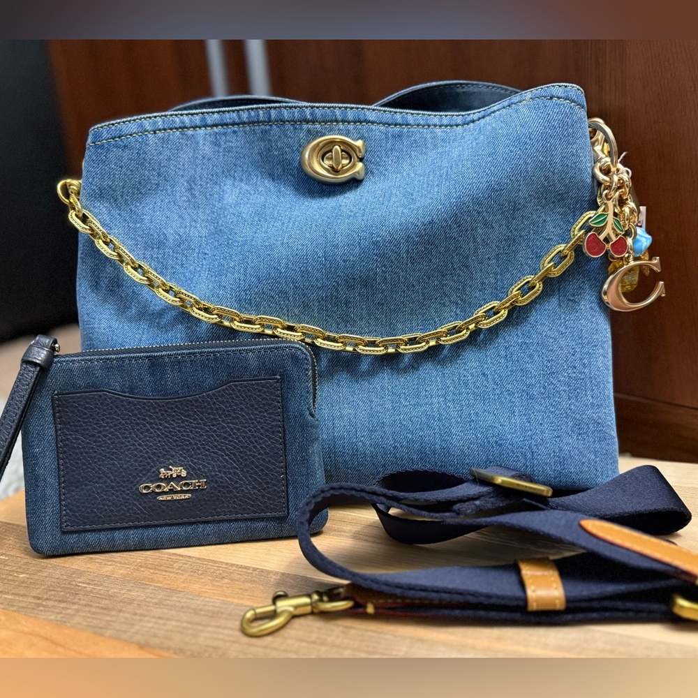 COACH Willow Denim Shoulder Bag Blue Leather Crossbody With Charms & Wristlet